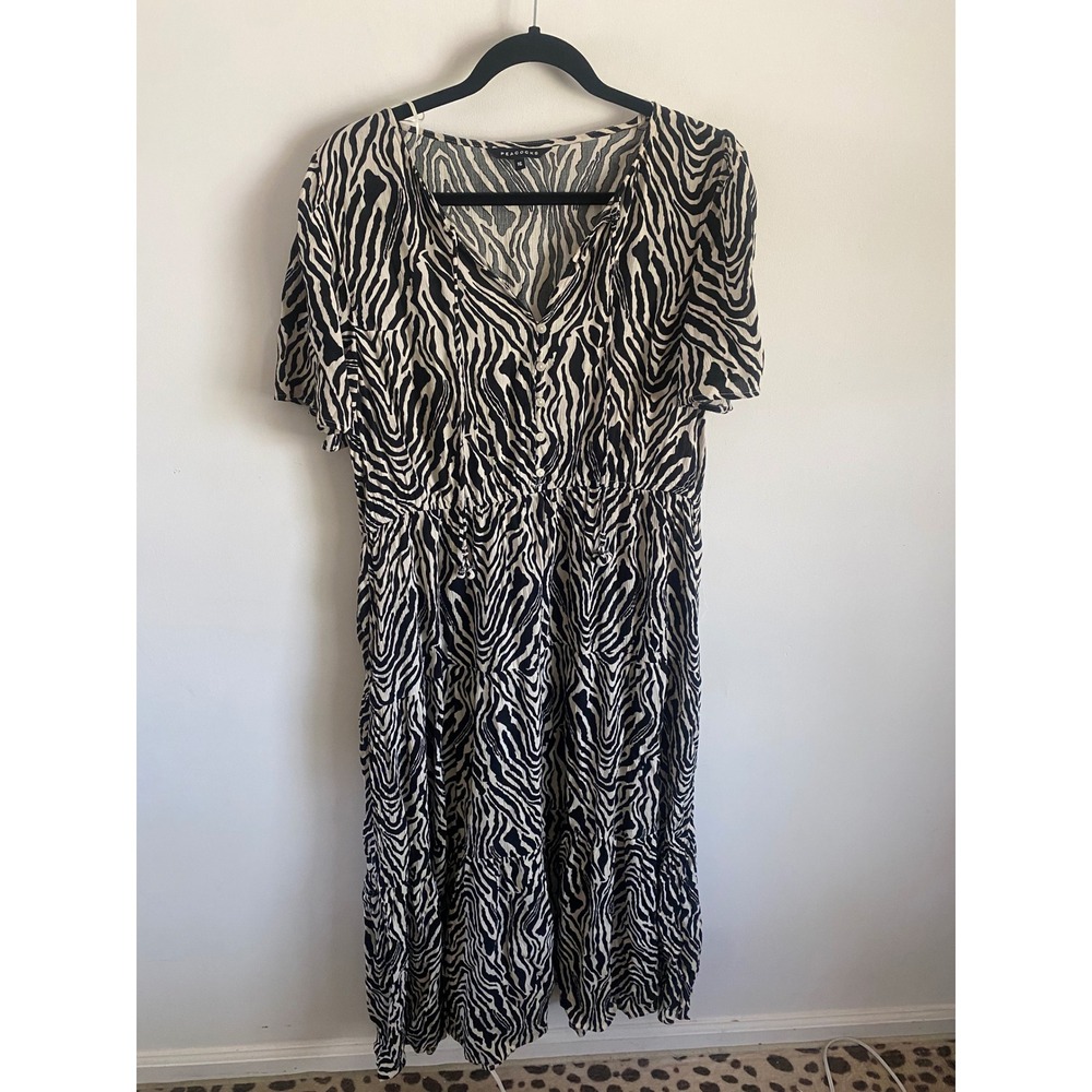 Peacocks Zebra Print Midi Dress Women 16 Black Cream Viscose Tiered Boho Pockets